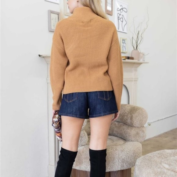 Turtle Neck Button detail Long Sleeve Sweater Carmel - Picture 3 of 8